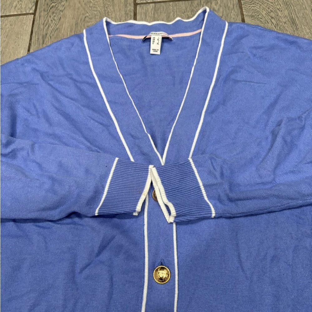 Isaac Mizrahi Live! Relaxed Sweater Cardigan with Tipped Trim Periwinklekle - Picture 5 of 6